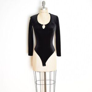 vintage 90s bodysuit black stretch velvet long sleeve grunge one piece top XS S